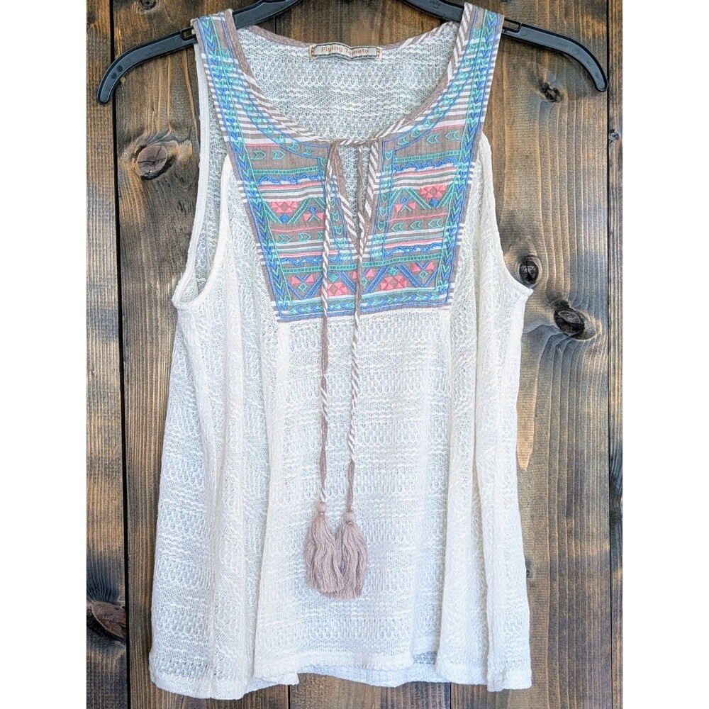Flying Tomato Embroidered Boho Knit Tank Top Cream Tassel Tie Front Small